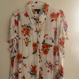 Lane Bryant Floral Drawcord-Shoulder Button Front Top
